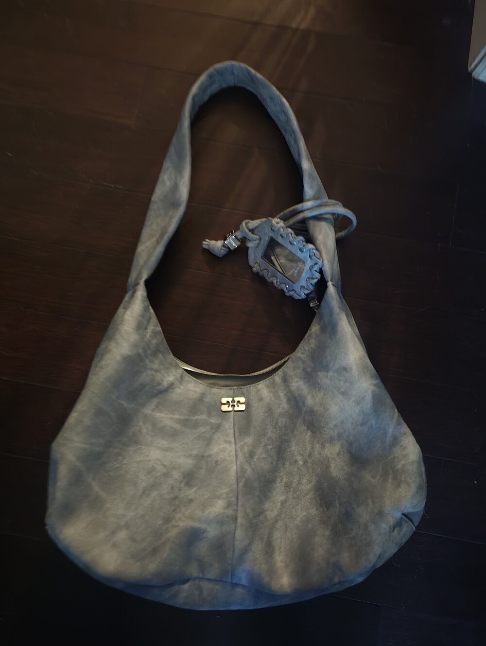 Ganni Distressed Light Blue Leather Look Hobo Bag